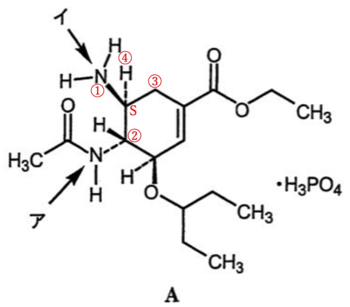 オセルタミビルの3つのキラル中心の立体化学 95回薬剤師国家試験問11b